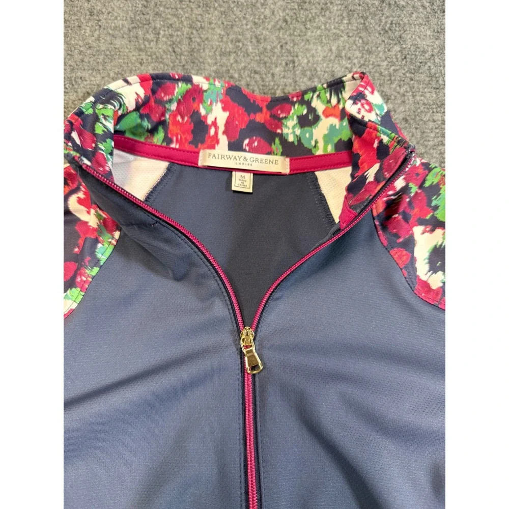 Fairway & Greene Floral Quarter Zip Pullover Size M Navy Blue EUC